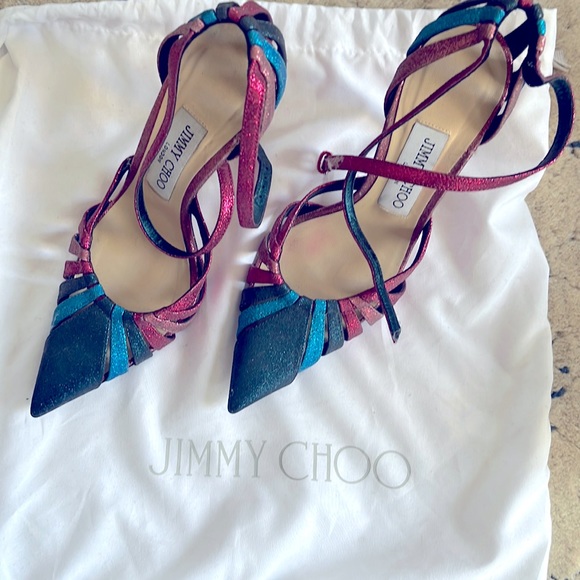 Jimmy Choo Travis 100 Raspberry Glitter Pumps In Multicolor Leather Heels Pumps - Picture 1 of 7